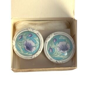 Vintage 1992 Avon Purple Floral Teal Ceramic Style Round Button Stud Earrings